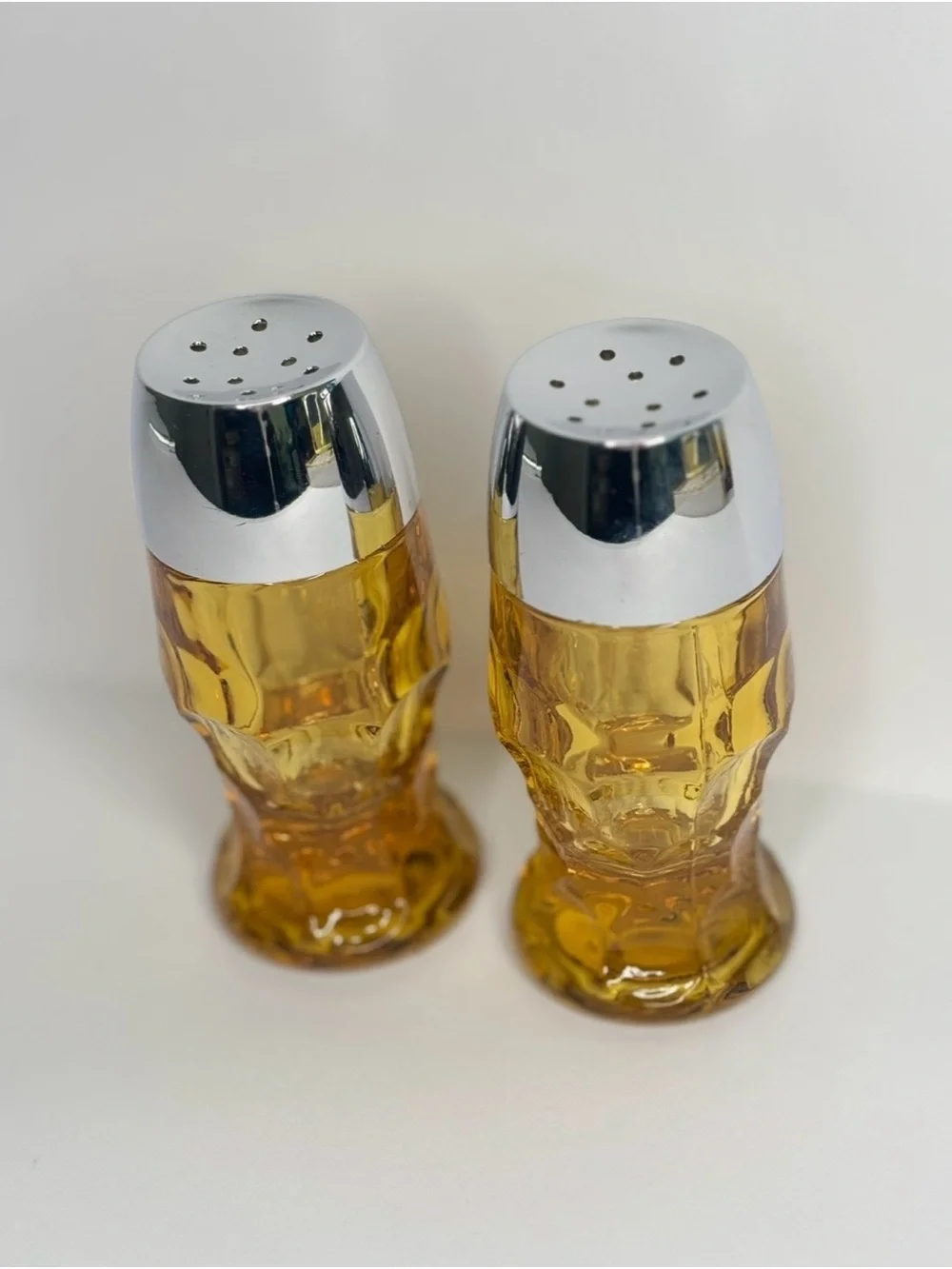 Vintage Amber Glass Salt & Pepper Shakers with Silver Tops